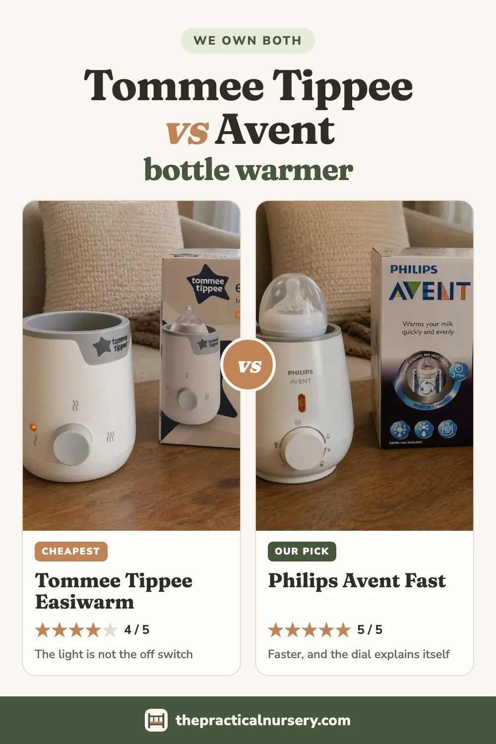 Tommee Tippee vs Philips Avent bottle warmer: the cheap one or the fast one, pin this guide on Pinterest