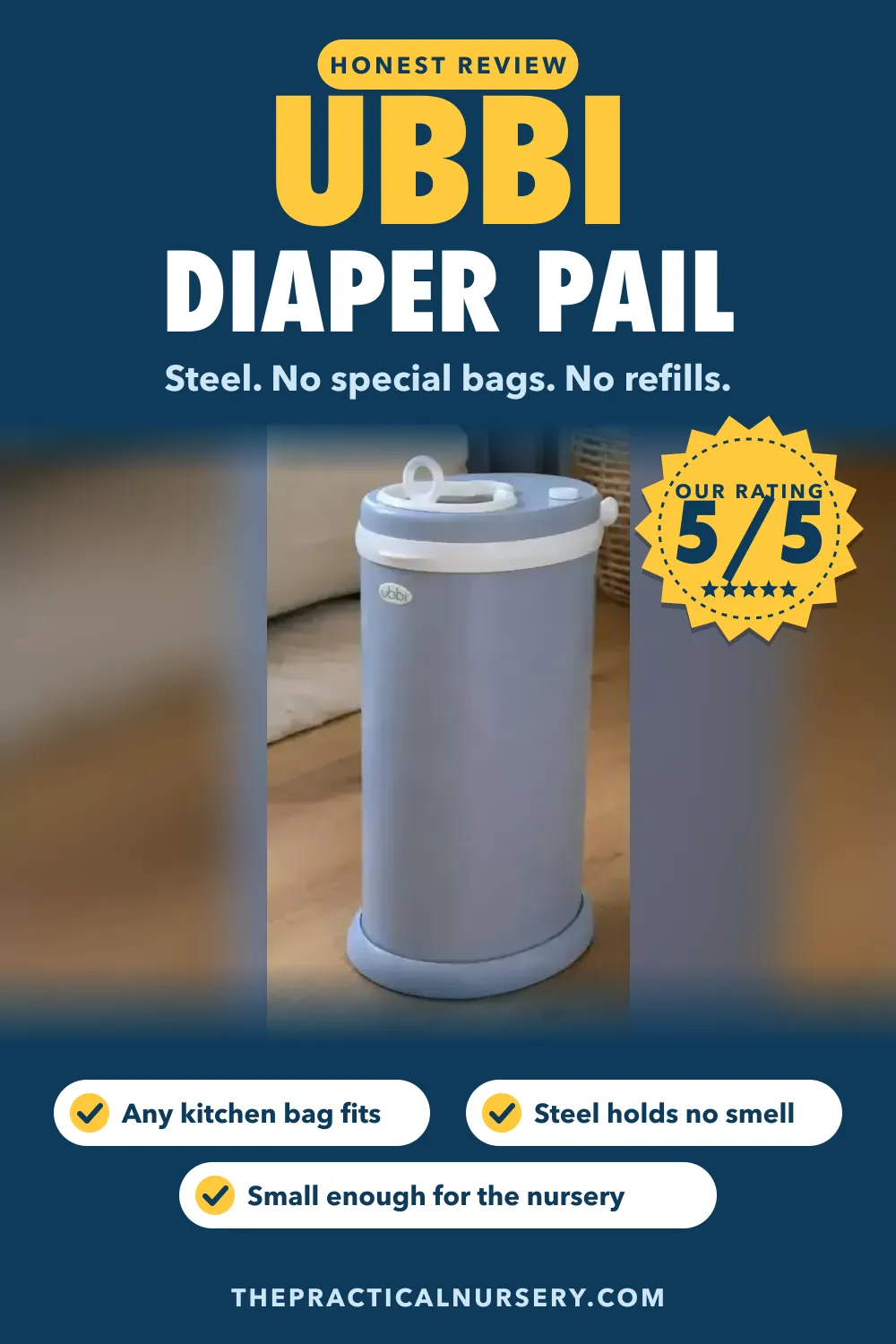 Ubbi diaper pail review: the steel pail that runs on kitchen bags, pin this guide on Pinterest