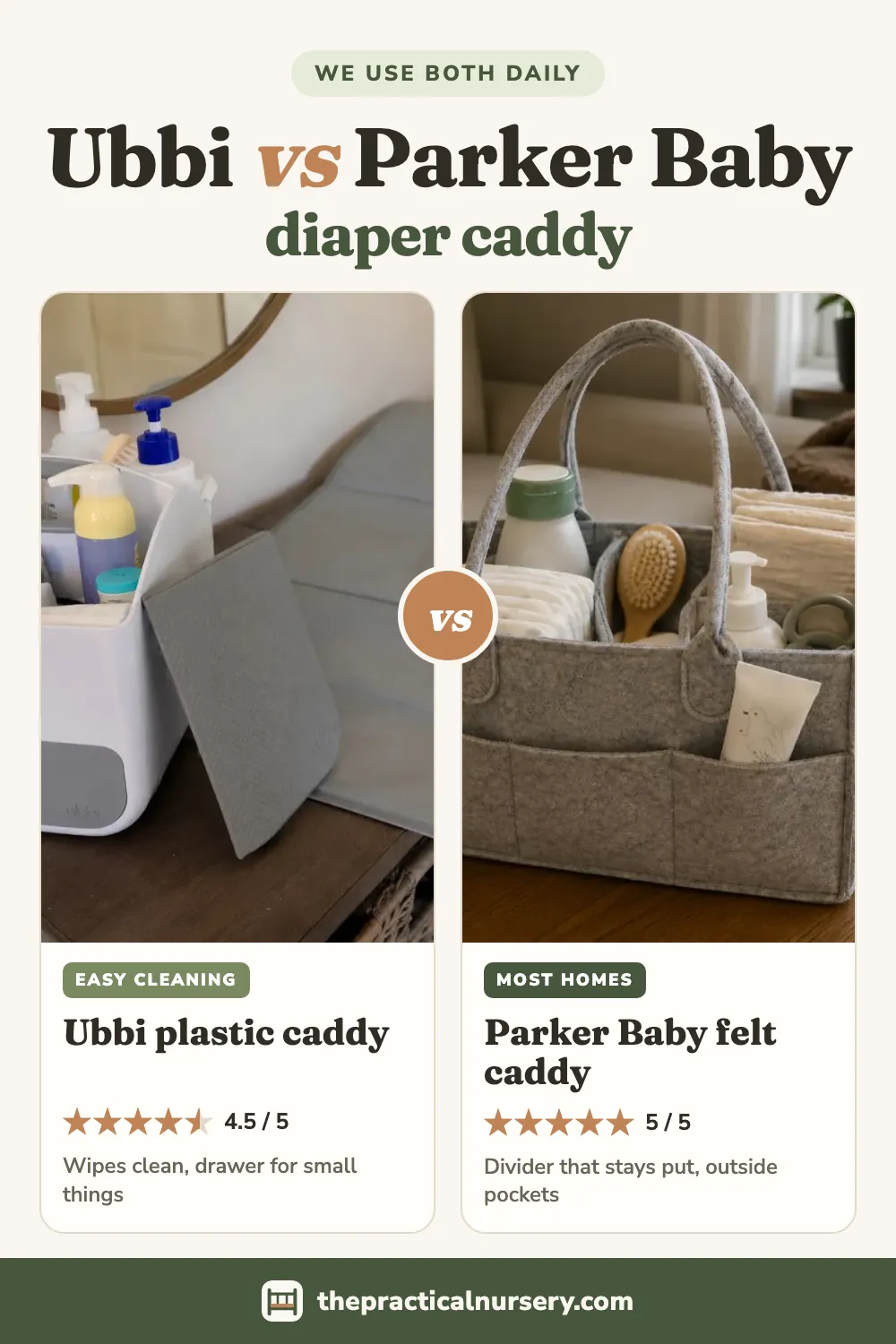 Ubbi vs Parker Baby diaper caddy: plastic or felt, pin this guide on Pinterest