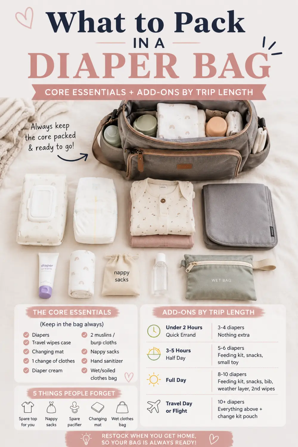 What to pack in a diaper bag: the checklist that changes by trip, pin this guide on Pinterest